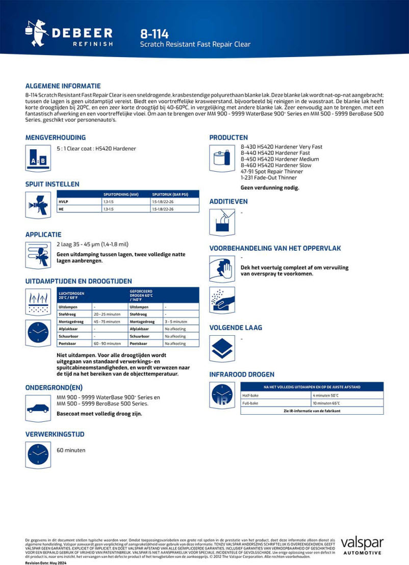 Blanke lak 8-114 Scratch resistant fast repair clear De Beer Refinish TDS